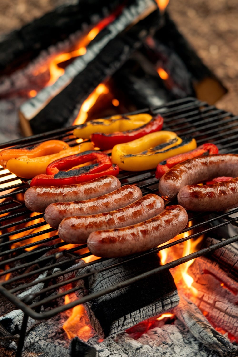 12 Quick and Easy Dinners for Your Next Camping Trip 12 Grilled sausages and colorful peppers on a barbecue grill over glowing coals.