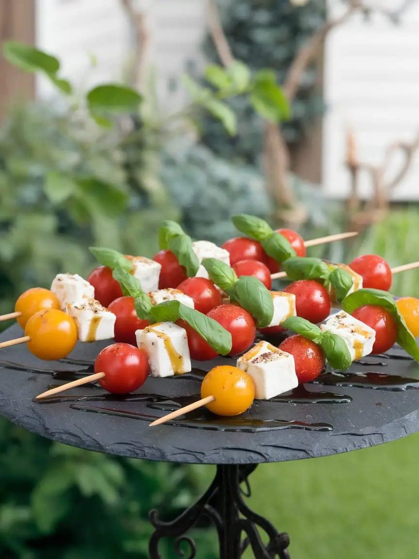 10 Must-Try Tomato and Goat Cheese Appetizers 6 A platter of tomato and goat cheese skewers with fresh basil, set against a garden backdrop.