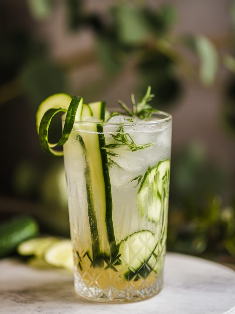 A refreshing Herbed Cucumber Gin Fizz cocktail with cucumber slices and herbs.