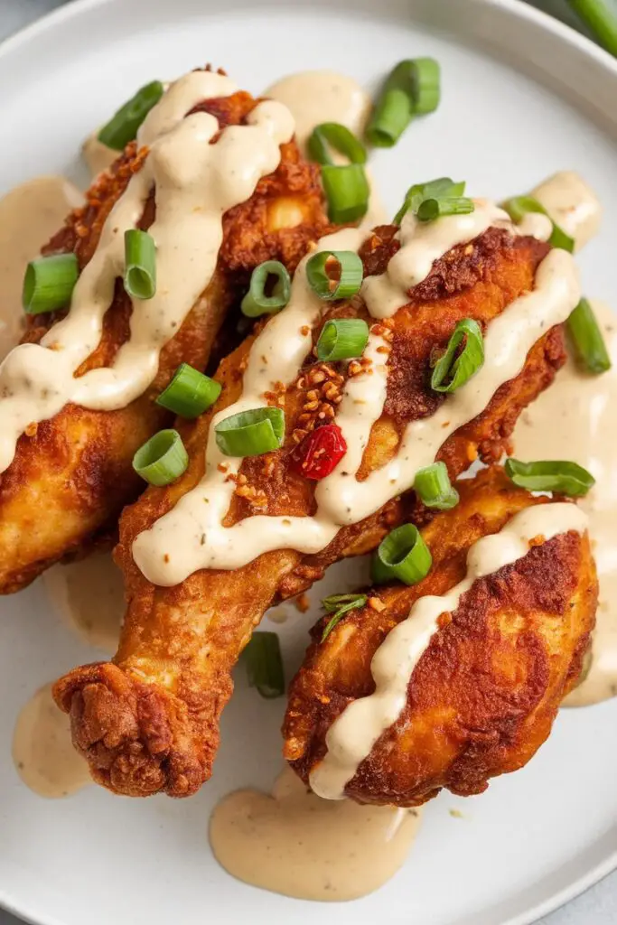 10 Crispy Air Fryer Favorites for Quick and Delicious Snacks 3 Crispy Bang Bang Chicken drizzled with creamy sauce and topped with green onions.