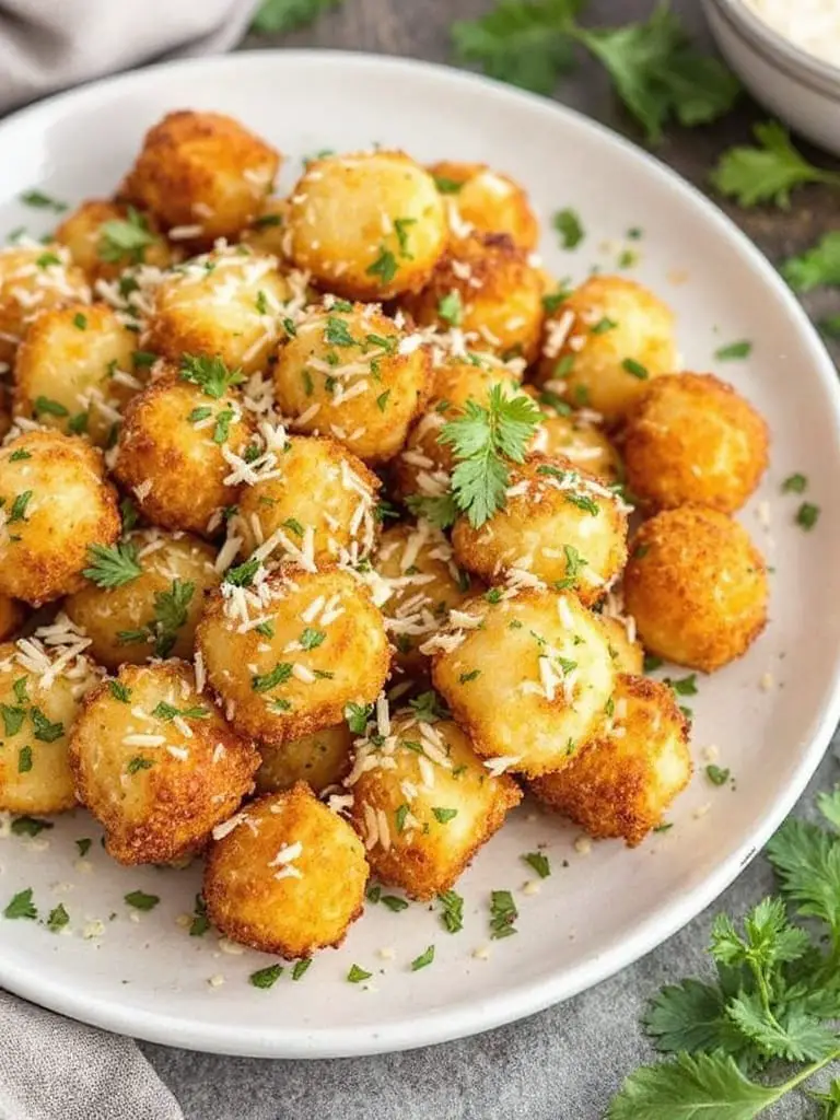 10 Crispy Air Fryer Favorites for Quick and Delicious Snacks 6 A plate of crispy golden air-fried gnocchi garnished with herbs and cheese