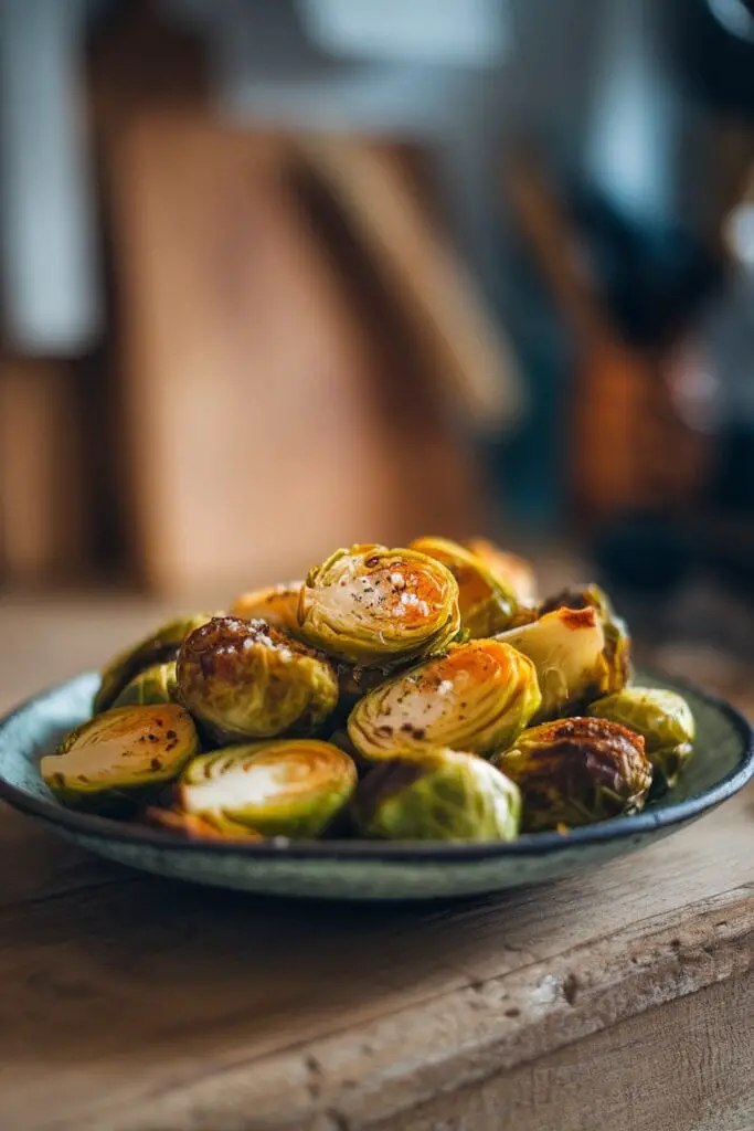 10 Crispy Air Fryer Favorites for Quick and Delicious Snacks 8 A plate of crispy air-fried Brussels sprouts garnished with salt