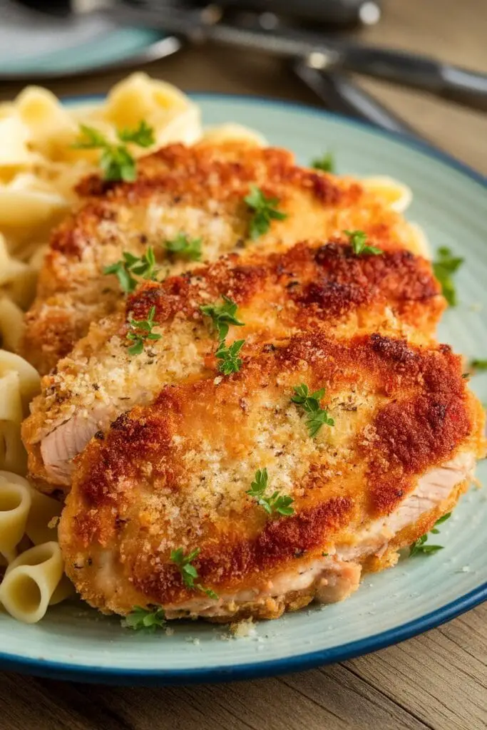 10 Crispy Air Fryer Favorites for Quick and Delicious Snacks 9 Golden-brown Parmesan-crusted chicken pieces garnished with herbs on a plate.