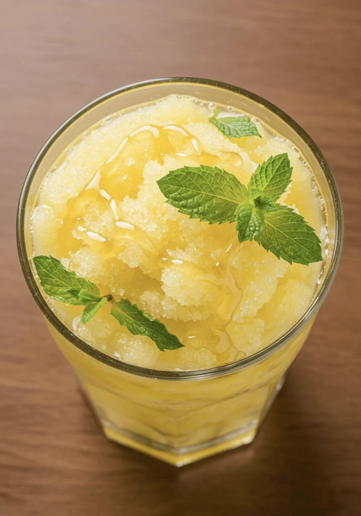 A glass of Frozen Lemonade Slushie with Coconut Water & Mint