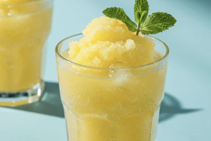 A glass of Frozen Lemonade Slushie with Coconut Water & Mint