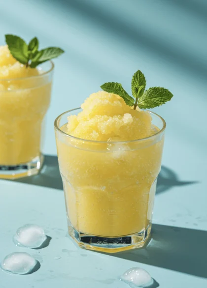 A glass of Frozen Lemonade Slushie with Coconut Water & Mint