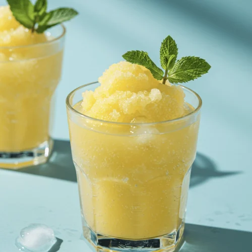 A glass of Frozen Lemonade Slushie with Coconut Water & Mint