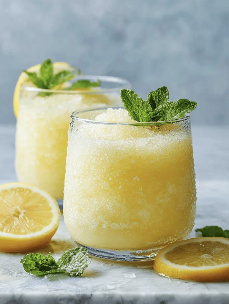 A glass of Frozen Lemonade Slushie with Coconut Water & Mint