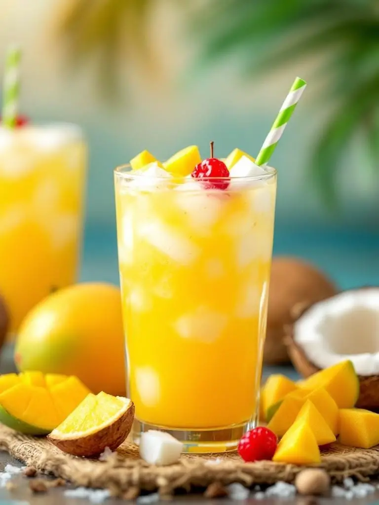 A refreshing Mango Coconut Rum Punch served in a coconut shell with mango slices and a straw, set against a tropical beach background.
