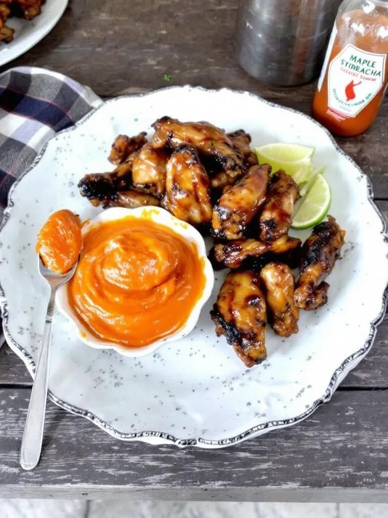 10 Show-Stopping Bites for Your Next Party 7 A plate of Maple Sriracha Butter Chicken Wings drizzled with sauce.