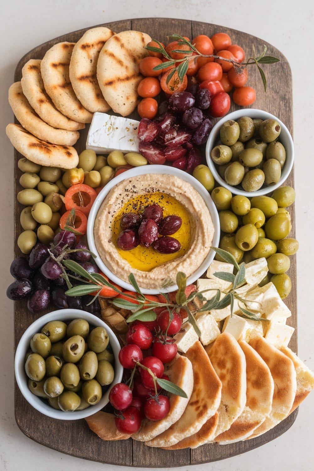 10 Stunning Charcuterie Platter Ideas for Your Next Backyard Party 5 A Mediterranean charcuterie platter featuring olives, hummus, cherry tomatoes, feta cheese, and pita bread.
