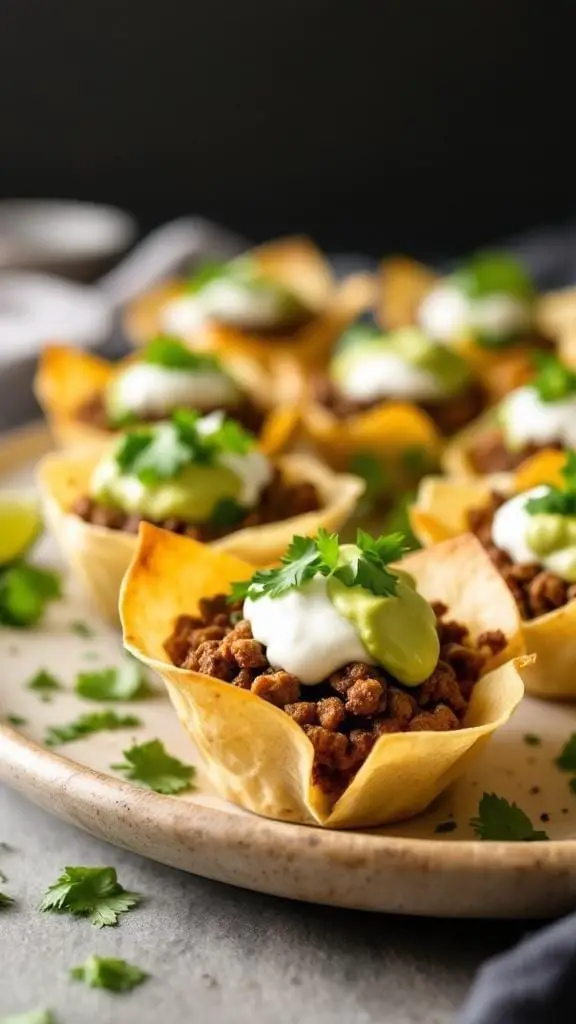 Mini taco cups filled with ground meat, topped with avocado cream and sour cream.