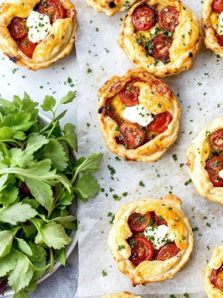 10 Must-Try Tomato and Goat Cheese Appetizers 10 Mini tomato and goat cheese quiches arranged on a baking tray with fresh herbs