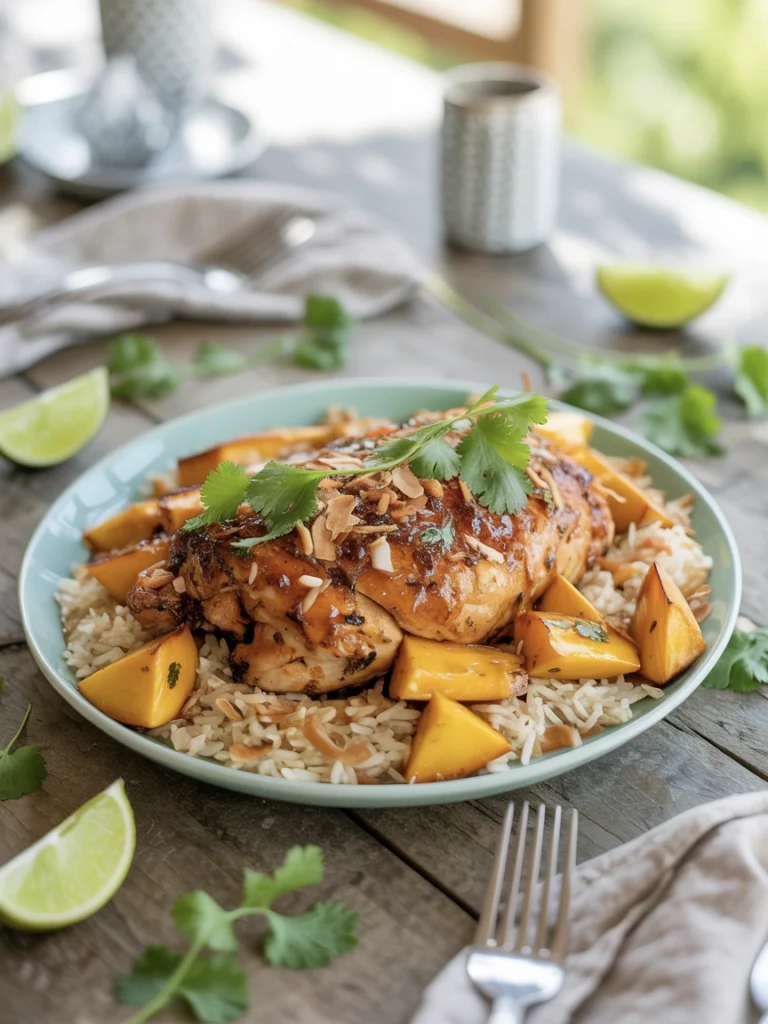 Sheet pan mango coconut chicken with rice