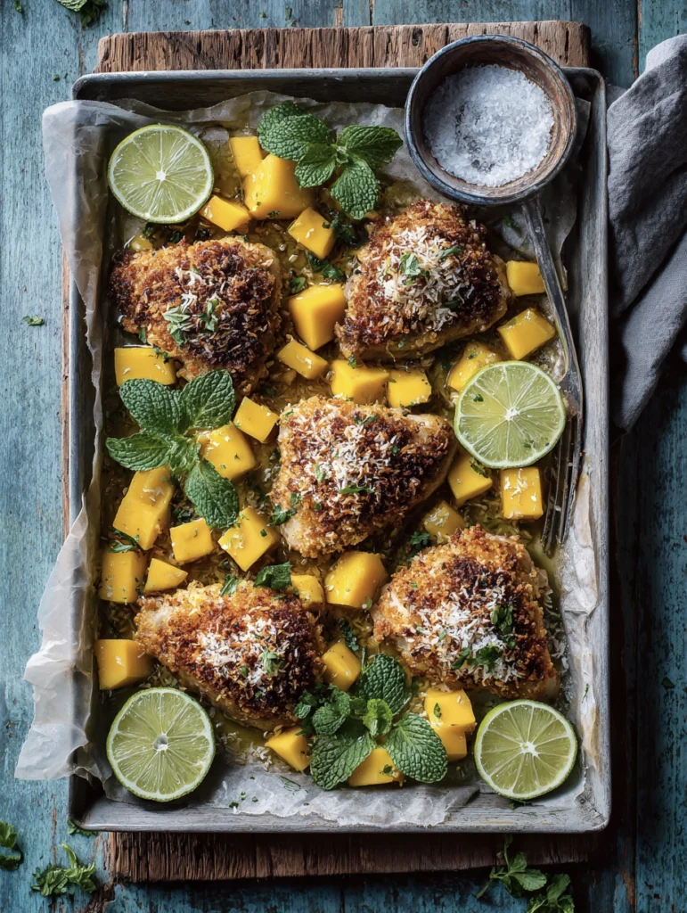 Sheet pan mango coconut chicken with rice