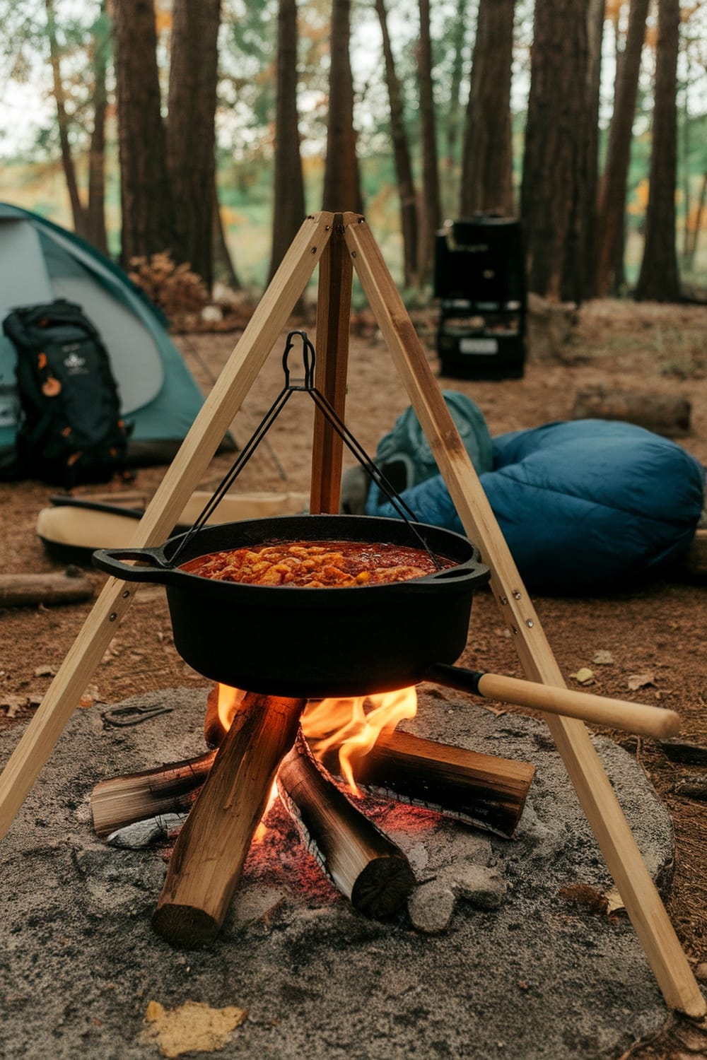 12 Quick and Easy Dinners for Your Next Camping Trip 4 A pot of chili cooking over a campfire in a forest setting
