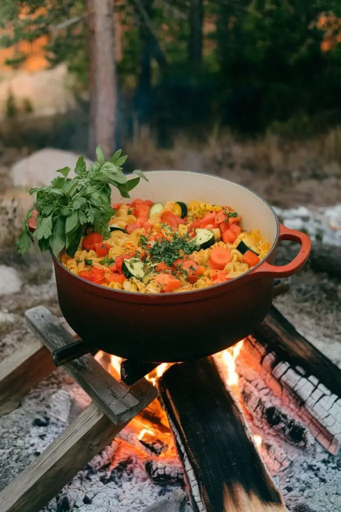 12 Quick and Easy Dinners for Your Next Camping Trip 11 A pot of Pasta Primavera cooking over a campfire, surrounded by nature.