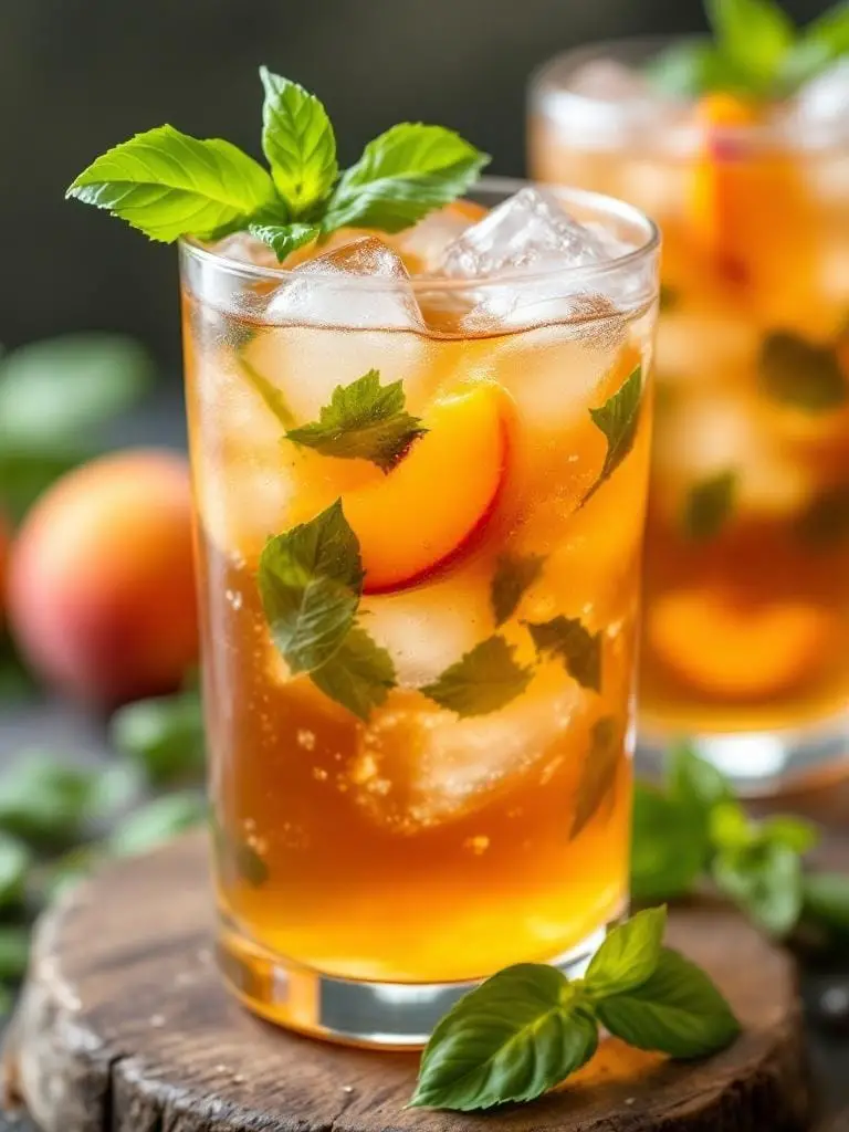 A refreshing glass of Peach Basil Iced Tea garnished with peach slices and basil leaves.
