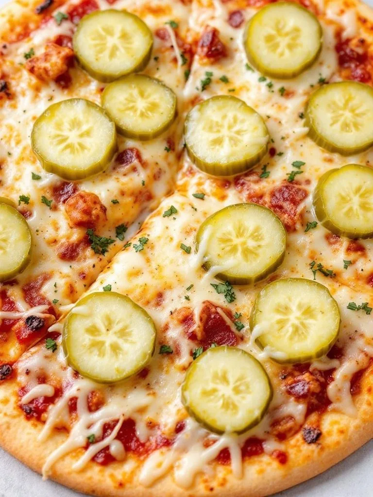10 Show-Stopping Bites for Your Next Party 4 A slice of pickle pizza with green pickles on top, sitting on a wooden cutting board.