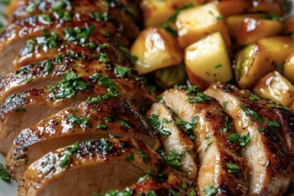 Maple Bourbon-Glazed Pork Loin & Apple Cider Brussels Sprouts 7 a plate of roasted pork meat and vegetables