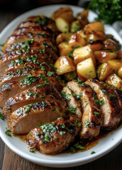 a plate of roasted pork meat and vegetables