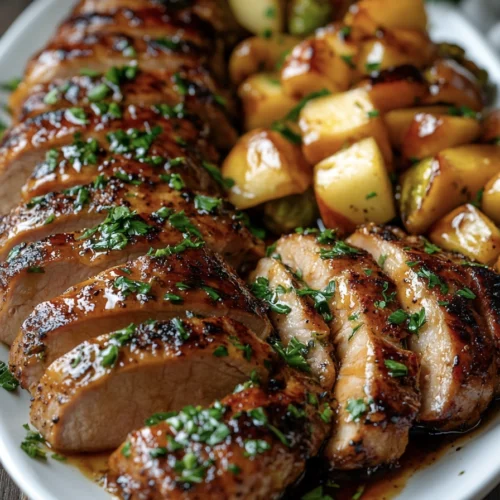 Maple Bourbon-Glazed Pork Loin & Apple Cider Brussels Sprouts 4 a plate of roasted pork meat and vegetables