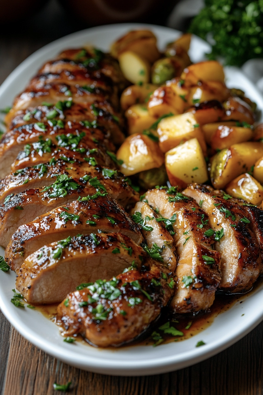 a plate of roasted pork meat and vegetables