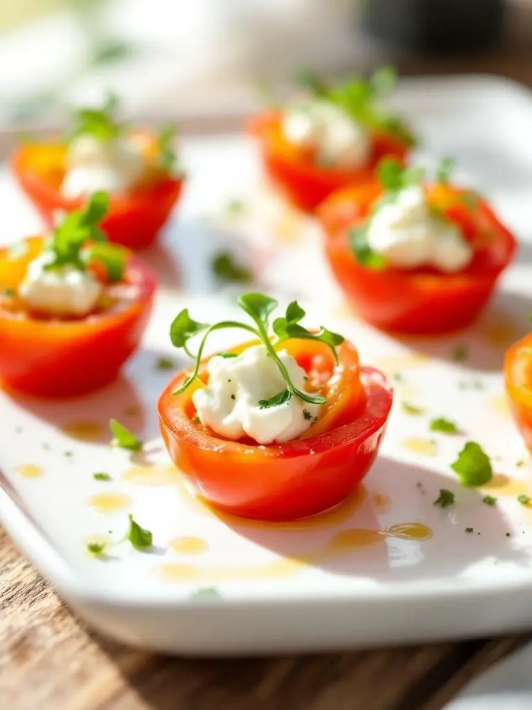 10 Must-Try Tomato and Goat Cheese Appetizers 4 Plate of tomato and goat cheese salad bites garnished with herbs