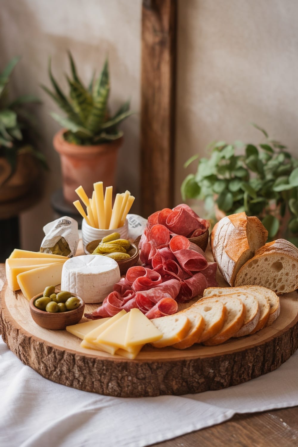 10 Stunning Charcuterie Platter Ideas for Your Next Backyard Party 7 A rustic charcuterie platter featuring cheeses, cured meats, olives, and bread on a wooden board.