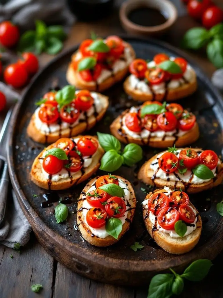 10 Must-Try Tomato and Goat Cheese Appetizers 2 A platter of savory tomato and goat cheese crostinis garnished with fresh basil.