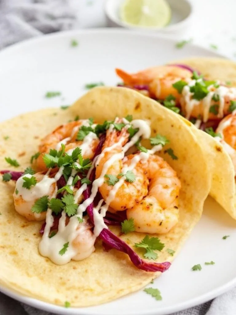 10 Show-Stopping Bites for Your Next Party 5 Shrimp tacos with lime crema on a wooden board, garnished with cilantro and lime wedges.