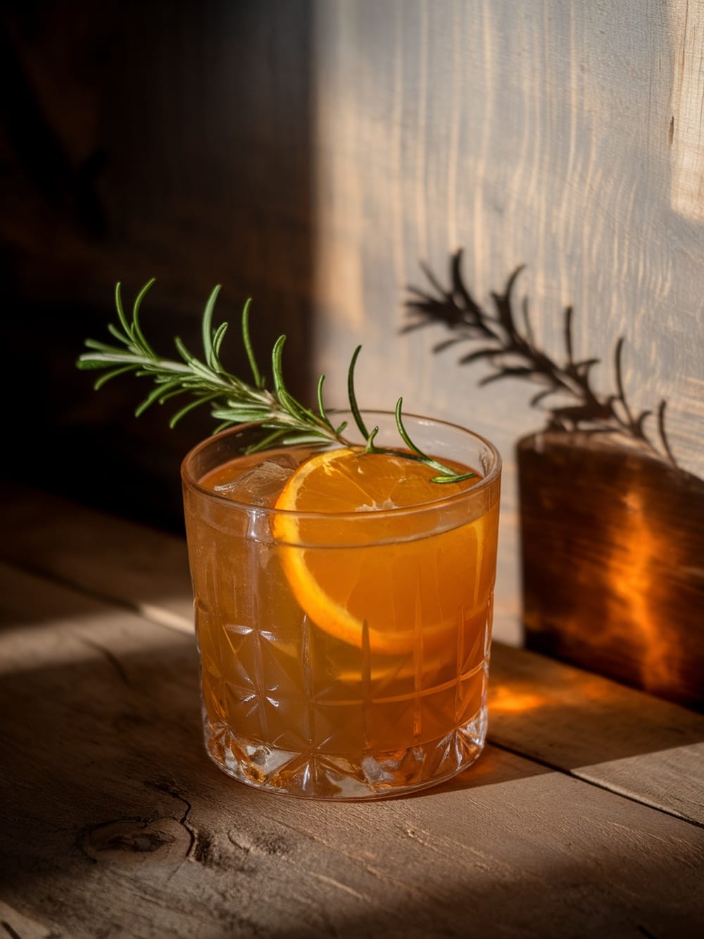 A smoky bourbon cocktail garnished with an orange slice and rosemary sprig.