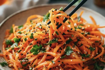 Spicy Carrot Salad (Crunchy, Zingy, and Ready in 10 Minutes) 9 Glossy julienned carrot salad coated in a spicy chili garlic oil dressing, garnished with sesame seeds, scallions, and fresh herbs. This vibrant vegan side dish is inspired by the viral TikTok carrot salad trend and features a mix of savory, tangy, and slightly sweet flavors with a juicy, well-dressed texture