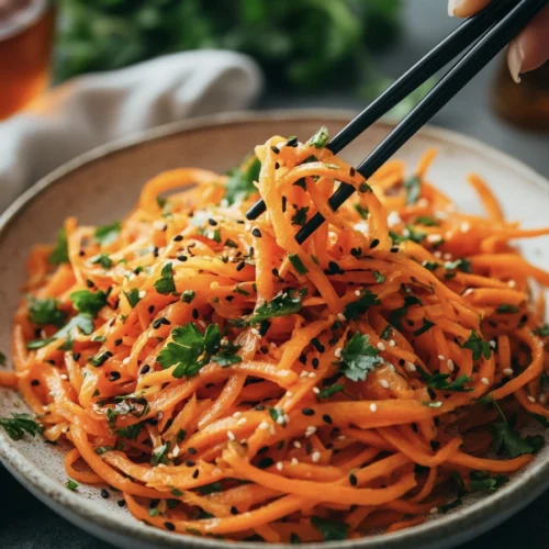 Spicy Carrot Salad (Crunchy, Zingy, and Ready in 10 Minutes) 8 Glossy julienned carrot salad coated in a spicy chili garlic oil dressing, garnished with sesame seeds, scallions, and fresh herbs. This vibrant vegan side dish is inspired by the viral TikTok carrot salad trend and features a mix of savory, tangy, and slightly sweet flavors with a juicy, well-dressed texture