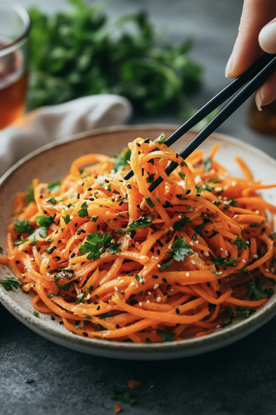 Glossy julienned carrot salad coated in a spicy chili garlic oil dressing, garnished with sesame seeds, scallions, and fresh herbs. This vibrant vegan side dish is inspired by the viral TikTok carrot salad trend and features a mix of savory, tangy, and slightly sweet flavors with a juicy, well-dressed texture