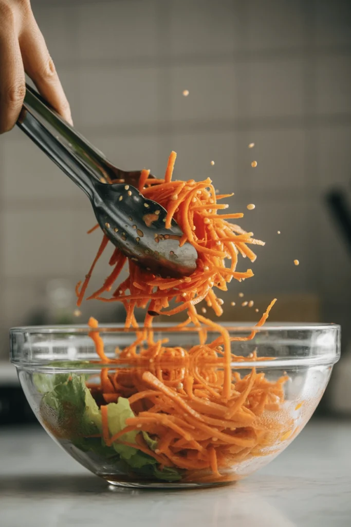 Spicy Carrot Salad (Crunchy, Zingy, and Ready in 10 Minutes) 5 Glossy julienned carrot salad coated in a spicy chili garlic oil dressing, garnished with sesame seeds, scallions, and fresh herbs. This vibrant vegan side dish is inspired by the viral TikTok carrot salad trend and features a mix of savory, tangy, and slightly sweet flavors with a juicy, well-dressed texture
