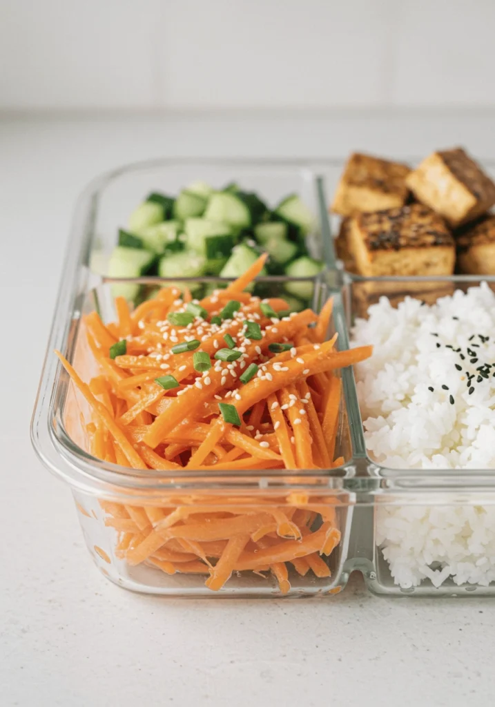 Spicy Carrot Salad (Crunchy, Zingy, and Ready in 10 Minutes) 6 bento lunch box with Glossy julienned carrot salad coated in a spicy chili garlic oil dressing, garnished with sesame seeds, scallions, and fresh herbs. This vibrant vegan side dish is inspired by the viral TikTok carrot salad trend and features a mix of savory, tangy, and slightly sweet flavors with a juicy, well-dressed texture