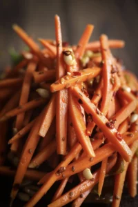 Glossy julienned carrot salad coated in a spicy chili garlic oil dressing, garnished with sesame seeds, scallions, and fresh herbs. This vibrant vegan side dish is inspired by the viral TikTok carrot salad trend and features a mix of savory, tangy, and slightly sweet flavors with a juicy, well-dressed texture
