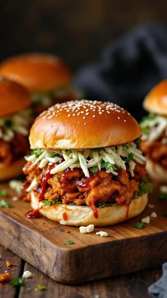 Delicious spicy BBQ chicken sliders on a wooden board