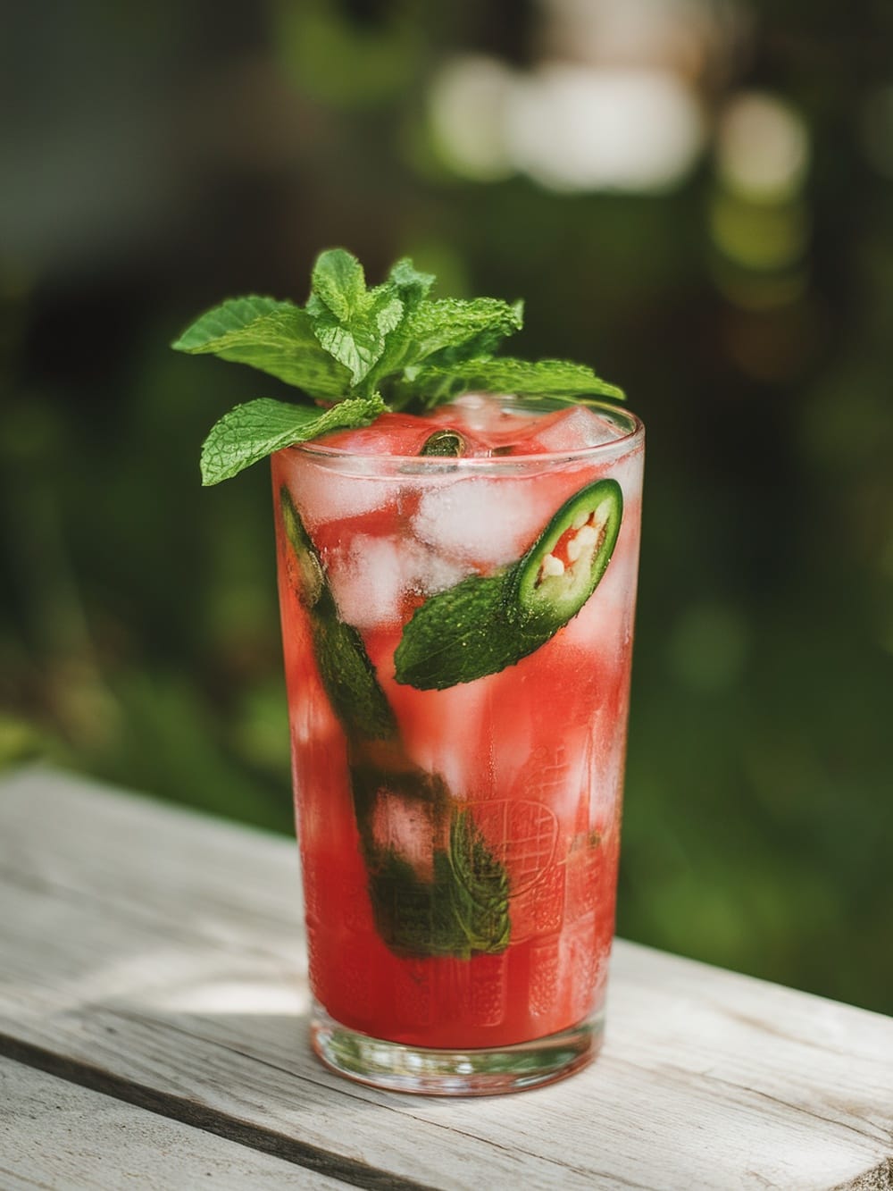 A refreshing Spicy Watermelon Mint Cooler in a glass with mint leaves and jalapeño slices.