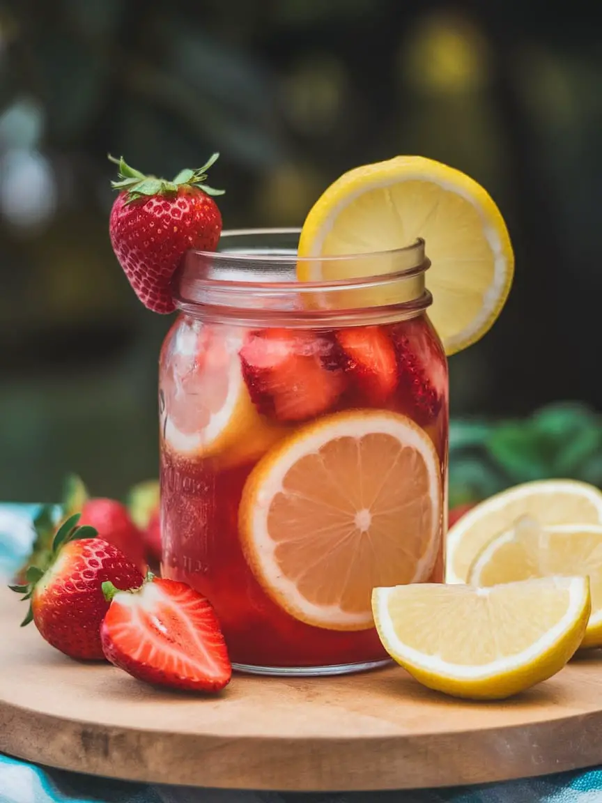A refreshing glass of spiked strawberry lemonade with fresh strawberries and lemon slices.