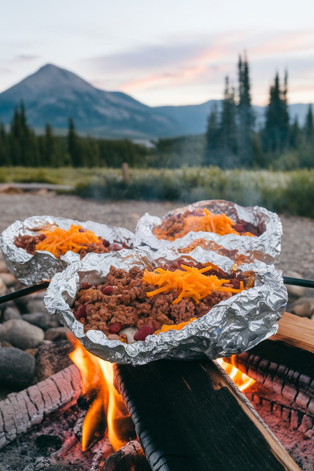 12 Quick and Easy Dinners for Your Next Camping Trip 6 Taco foil packets cooking over a campfire with mountains in the background