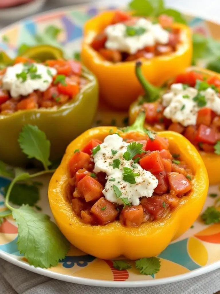 10 Must-Try Tomato and Goat Cheese Appetizers 9 Colorful stuffed peppers filled with tomatoes, chickpeas, and goat cheese on a plate.