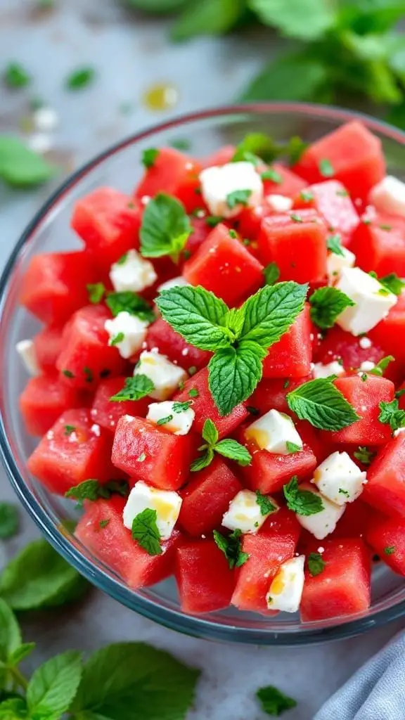 A bowl of watermelon feta salad garnished with mint leaves.