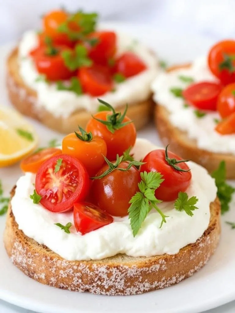 10 Show-Stopping Bites for Your Next Party 10 Whipped ricotta toasts topped with cherry tomatoes on a plate