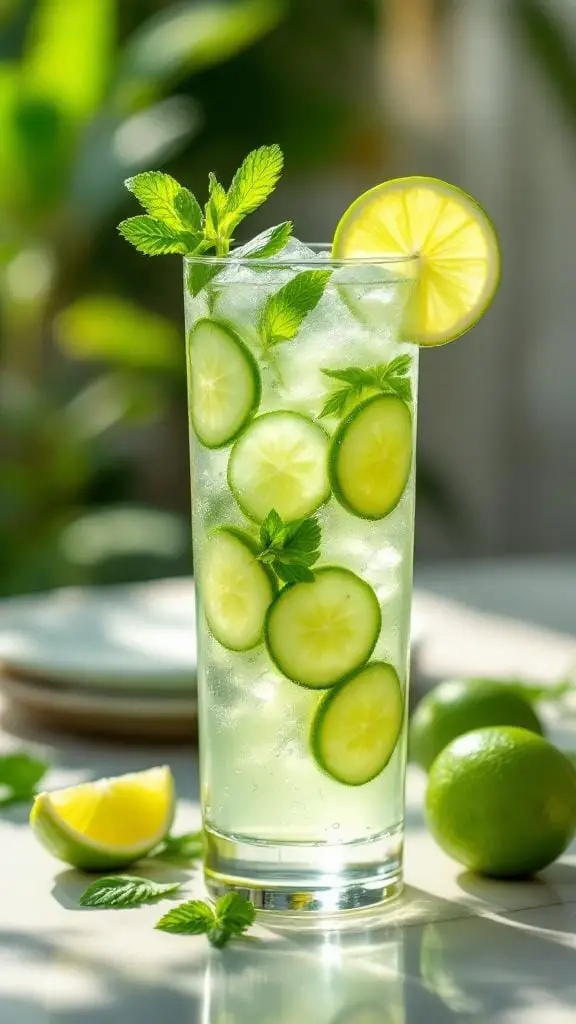 A refreshing glass of cucumber lime agua fresca with mint leaves and lime slices