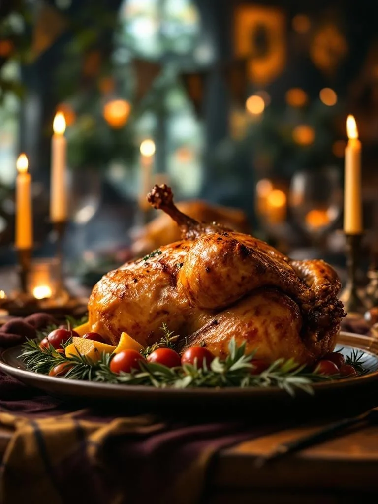 A beautifully roasted chicken on a platter, surrounded by fresh vegetables and herbs, set in a cozy, candlelit atmosphere.