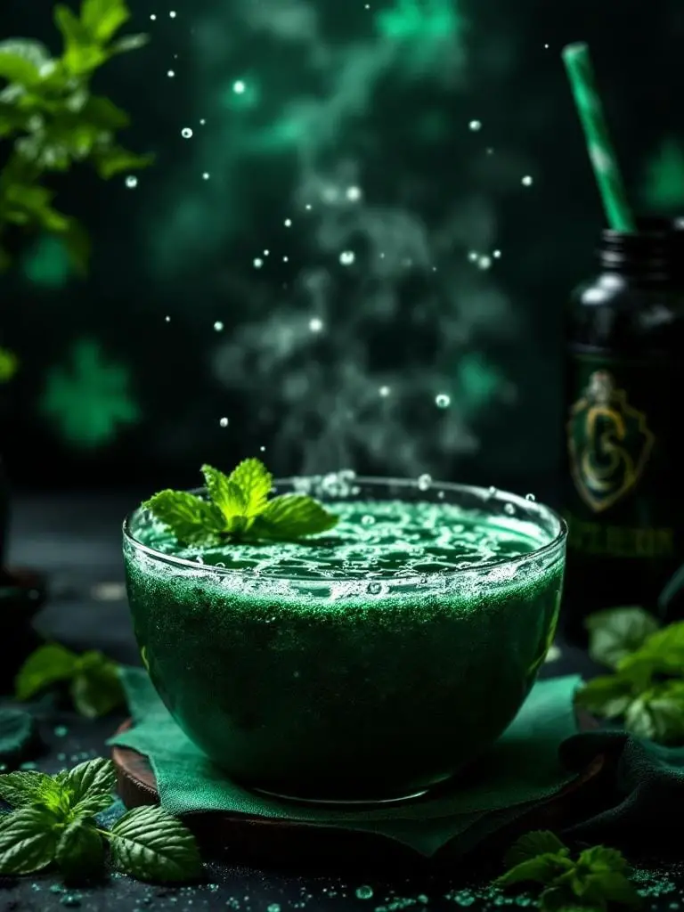 The Ultimate Harry Potter Party Menu — 18 Enchanting Recipes 12 A vibrant green punch in a bowl, garnished with mint leaves, surrounded by green decorations.