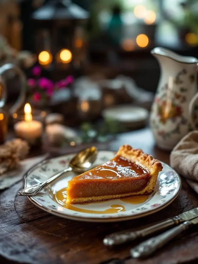 The Ultimate Harry Potter Party Menu — 18 Enchanting Recipes 5 A slice of treacle tart on a floral plate with a spoon beside it.