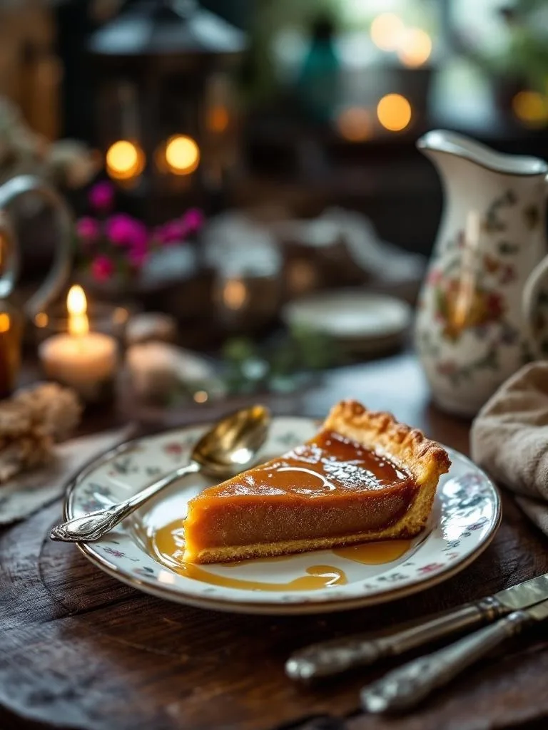 A slice of treacle tart on a floral plate with a spoon beside it.